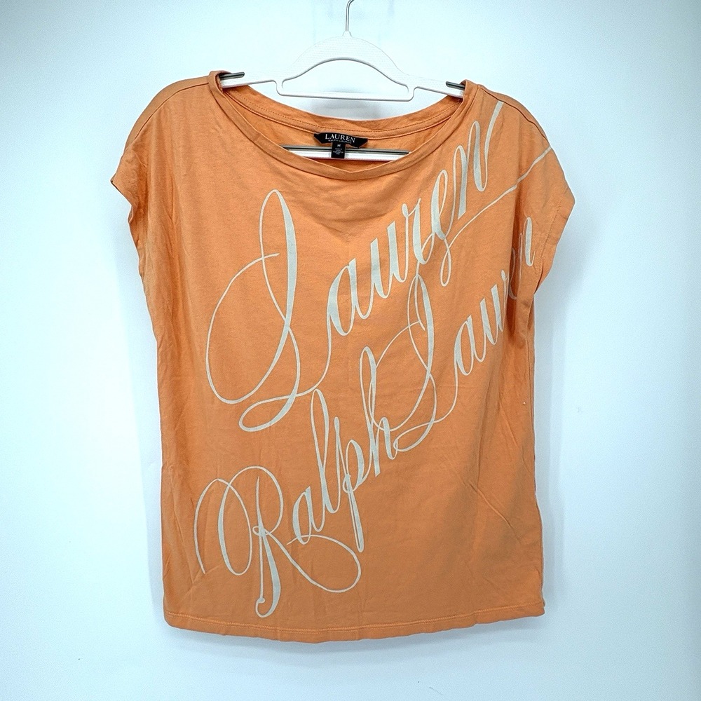 Lauren Ralph Lauren Black Label T-Shirt Medium Orange Boat Neck Logo Script